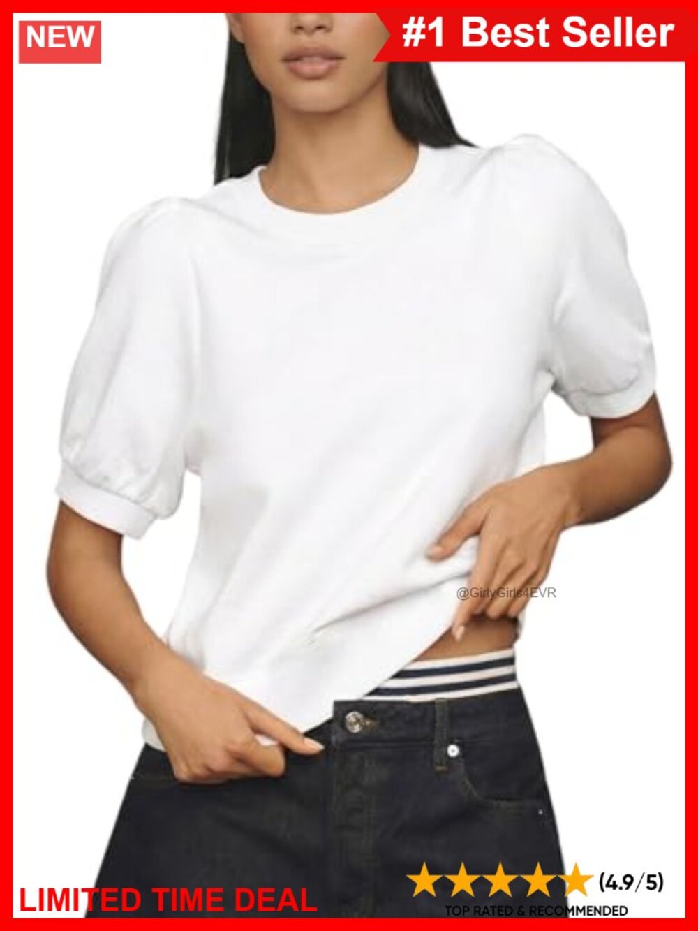 Womens Puff Sleeve T-Shirt Crewneck Cropped Cotton Short Sleeve Top